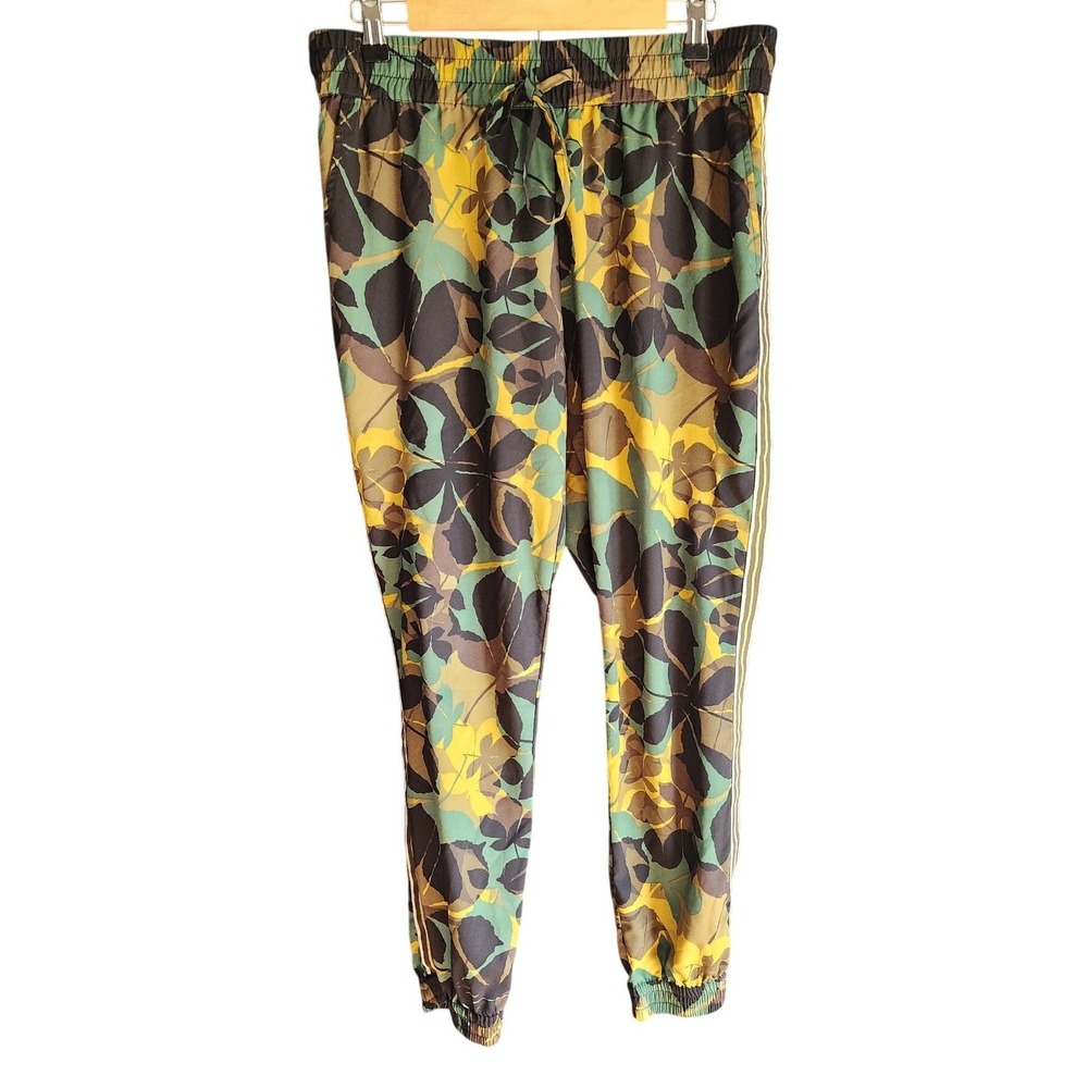 Joe Fresh Tropical Leaf Print Joggers Women XL Green Yellow Striped Side